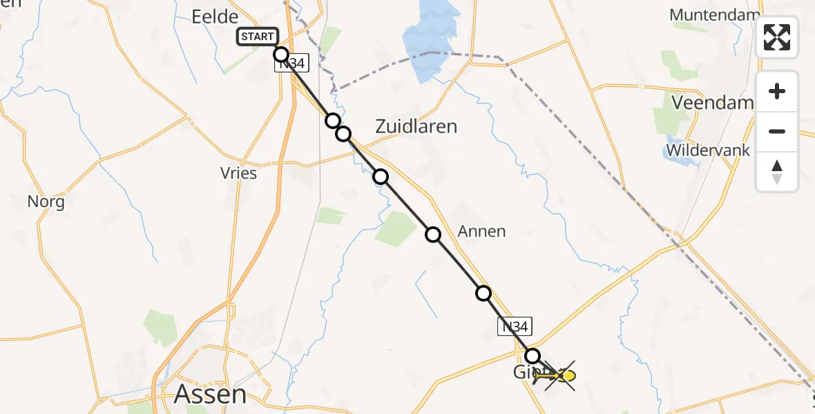 Routekaart van de vlucht: Lifeliner 4 naar Gieten, Groningerstraat