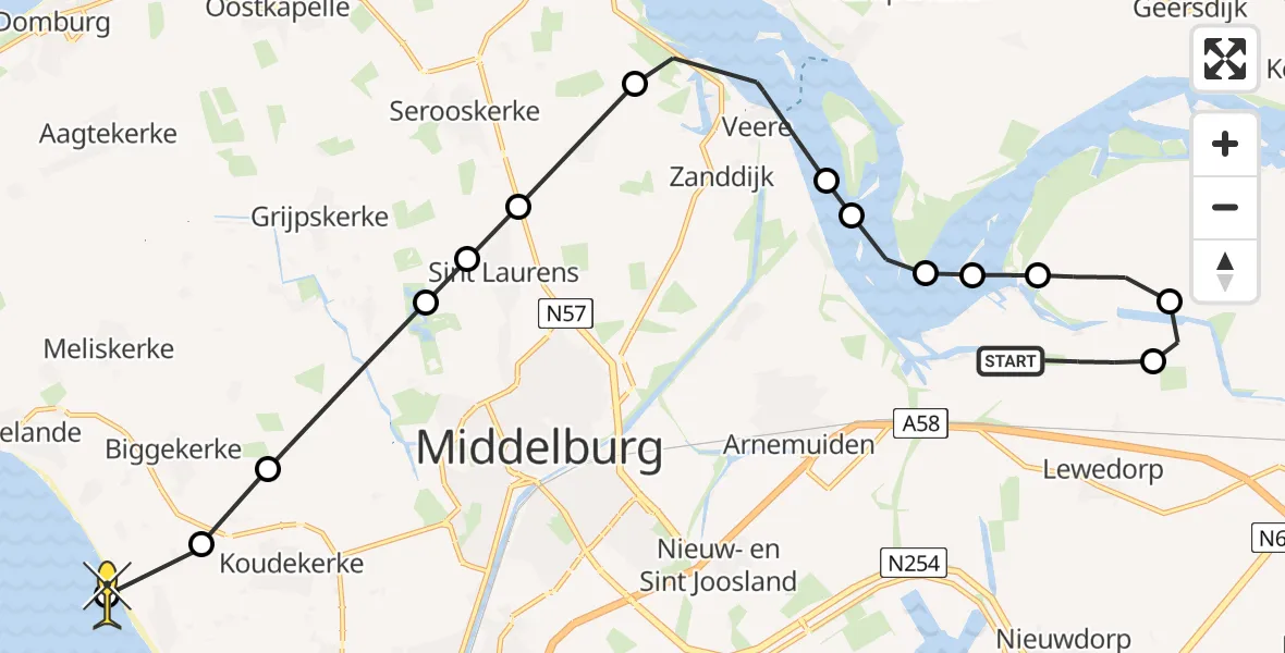 Routekaart van de vlucht: Kustwachthelikopter naar Koudekerke, Calandweg