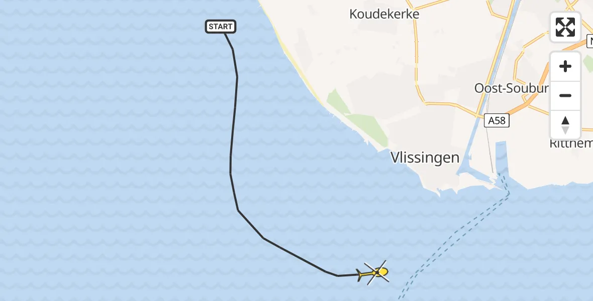 Routekaart van de vlucht: Kustwachthelikopter naar Vlissingen, Westerschelde & Saeftinghe