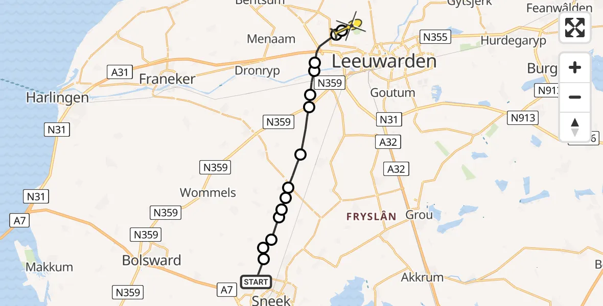 Routekaart van de vlucht: Ambulanceheli naar Vliegbasis Leeuwarden, Ivige Leane