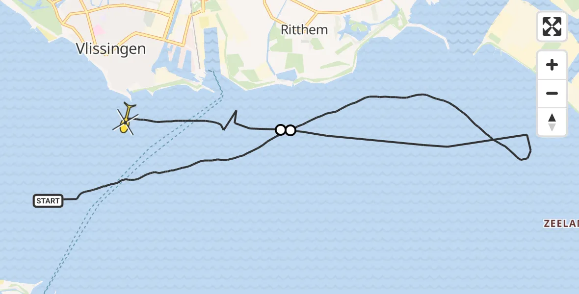 Routekaart van de vlucht: Kustwachthelikopter naar Vlissingen, Westerschelde & Saeftinghe