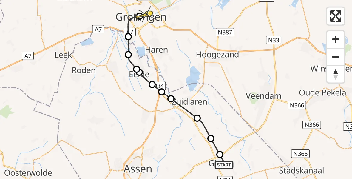 Routekaart van de vlucht: Lifeliner 4 naar Universitair Medisch Centrum Groningen, Oude Groningerweg