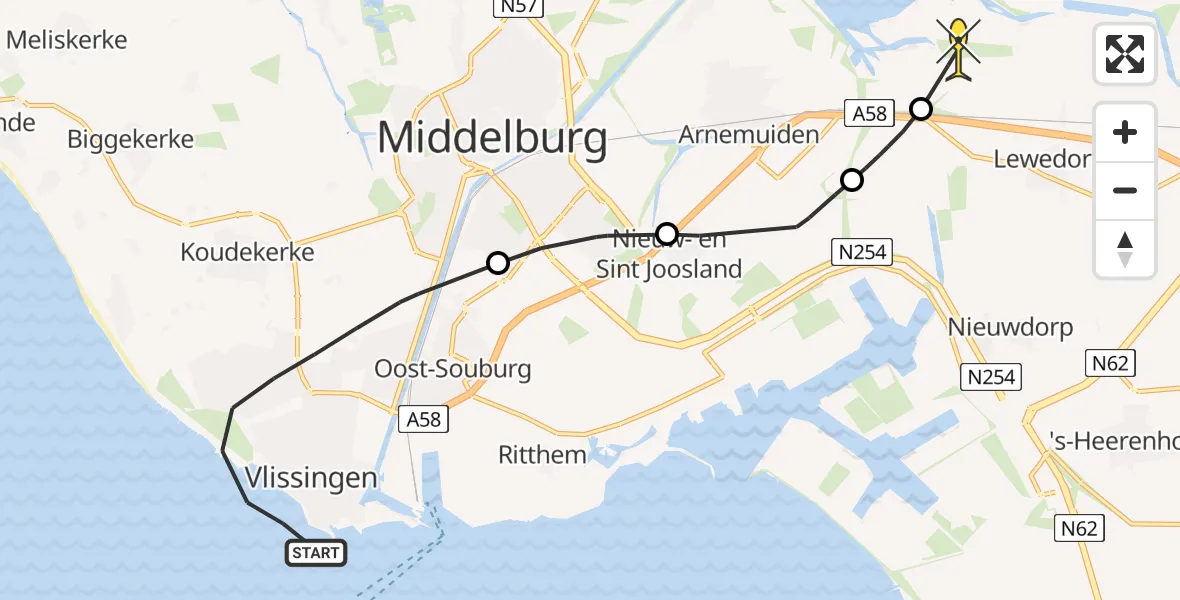 Routekaart van de vlucht: Kustwachthelikopter naar Vliegveld Midden-Zeeland, Sardijngeul