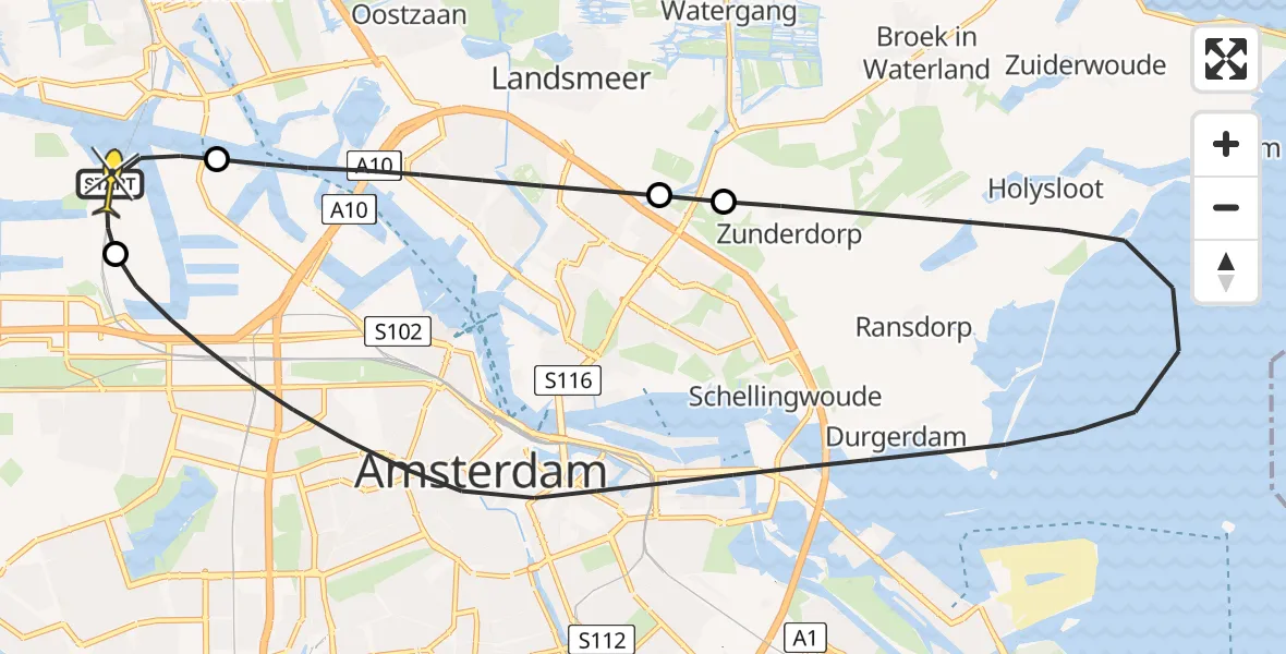 Routekaart van de vlucht: Lifeliner 1 naar Amsterdam Heliport, Hemweg