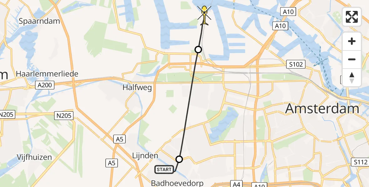 Routekaart van de vlucht: Lifeliner 1 naar Amsterdam Heliport, A. Reitsmakade