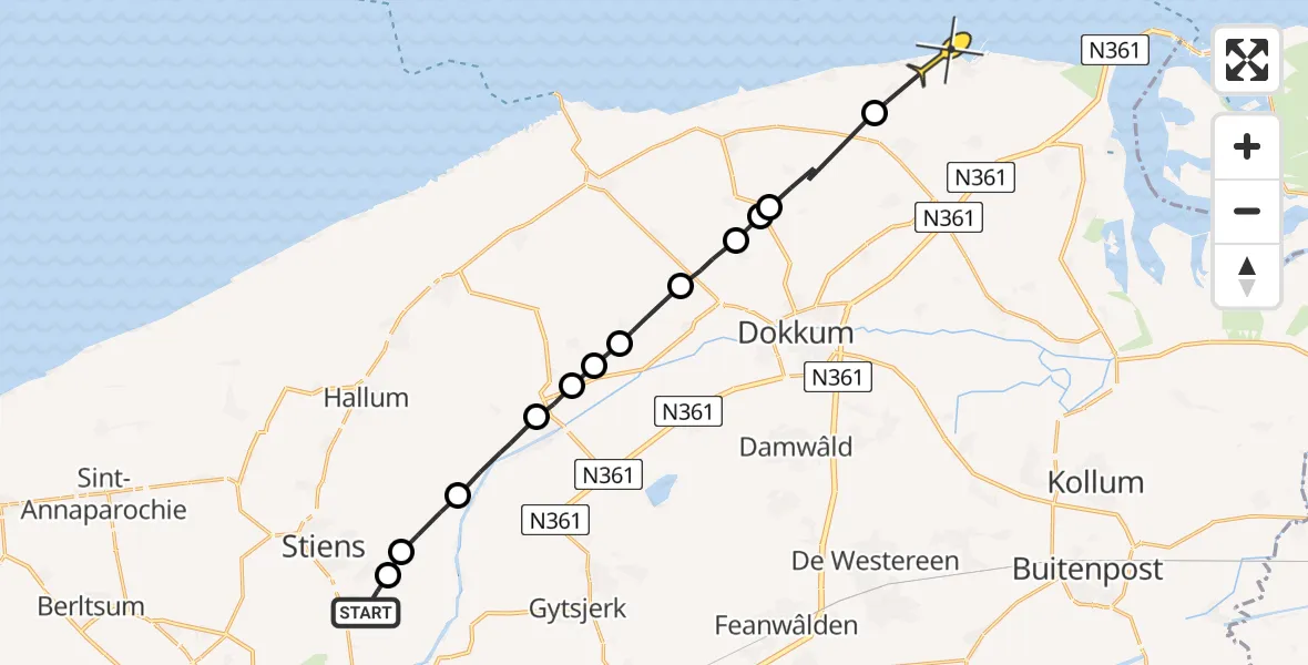 Routekaart van de vlucht: Ambulanceheli naar Nes, Aldlânsdyk