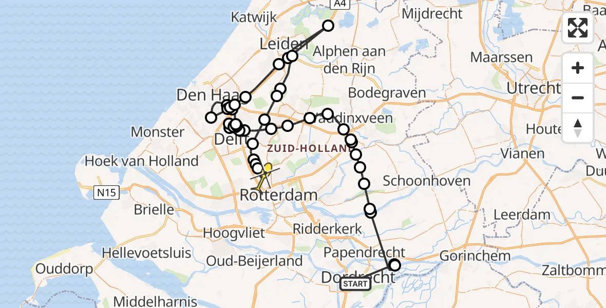 Routekaart van de vlucht: Politieheli naar Rotterdam The Hague Airport, Adriaan Volkersingel