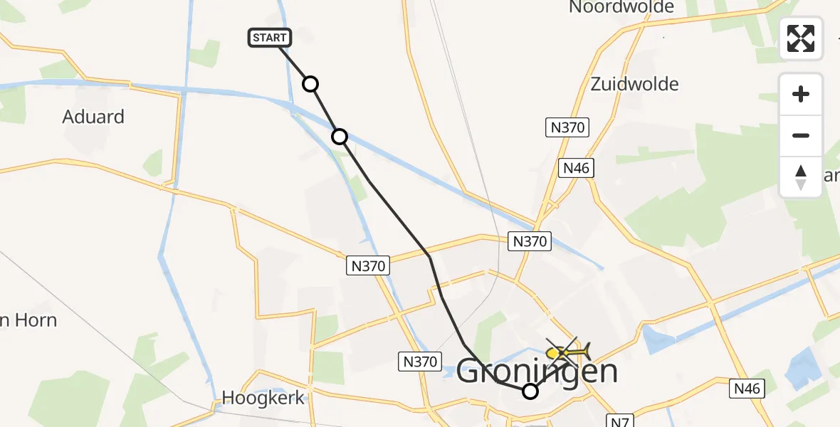 Routekaart van de vlucht: Ambulancehelikopter naar Universitair Medisch Centrum Groningen, Paddepoelsterweg