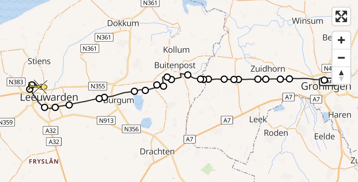 Routekaart van de vlucht: Ambulanceheli naar Vliegbasis Leeuwarden, Wilgenlaan