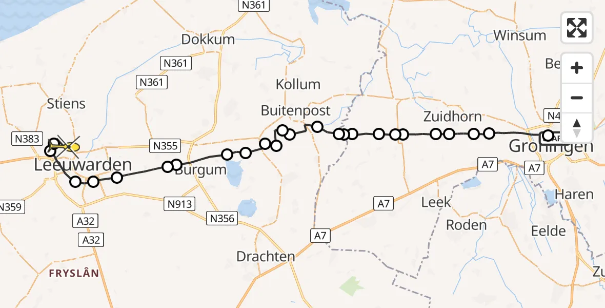 Vluchtroute Ambulancehelikopter van Universitair Medisch Centrum Groningen naar Vliegbasis Leeuwarden