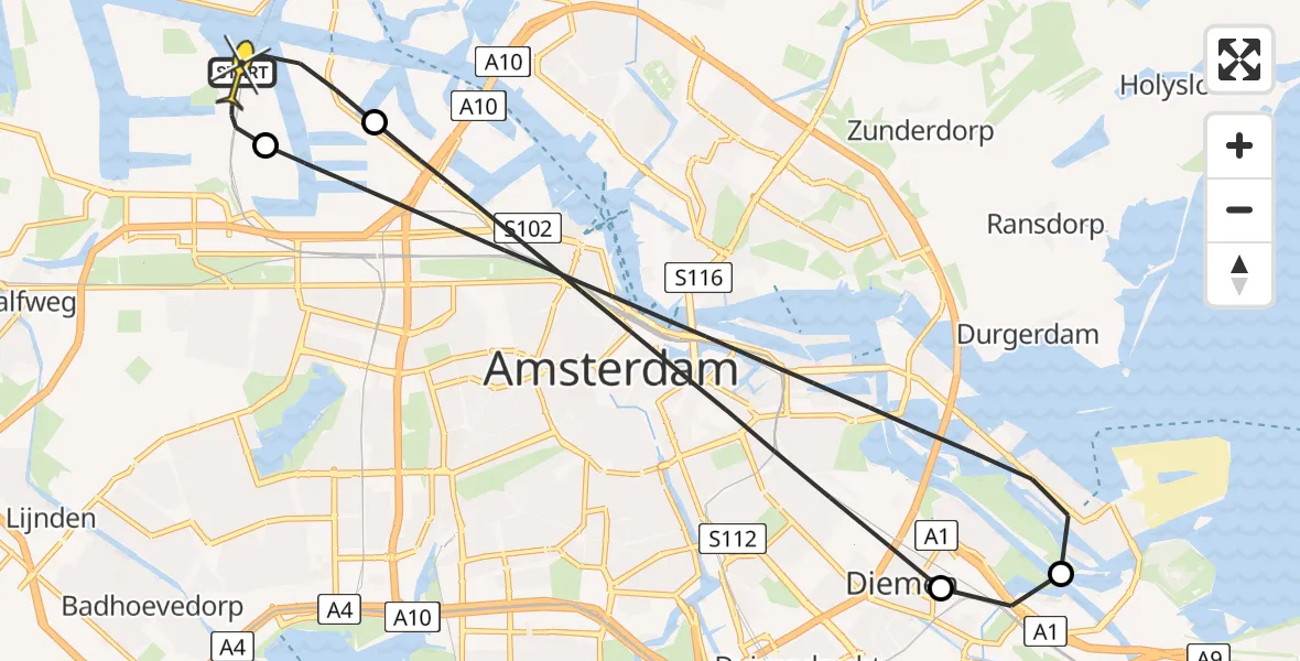 Vluchtroute Traumahelikopter van Amsterdam Heliport naar Amsterdam Heliport