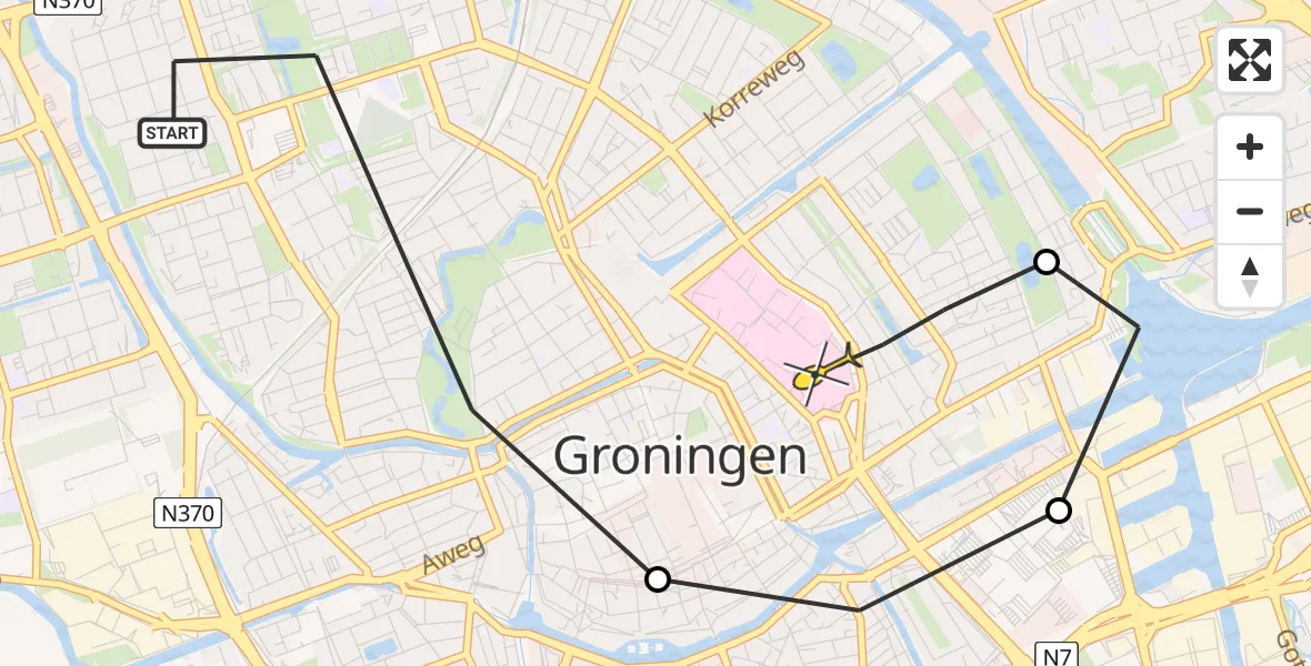 Routekaart van de vlucht: Lifeliner 4 naar Universitair Medisch Centrum Groningen, Tuinbouwstraat