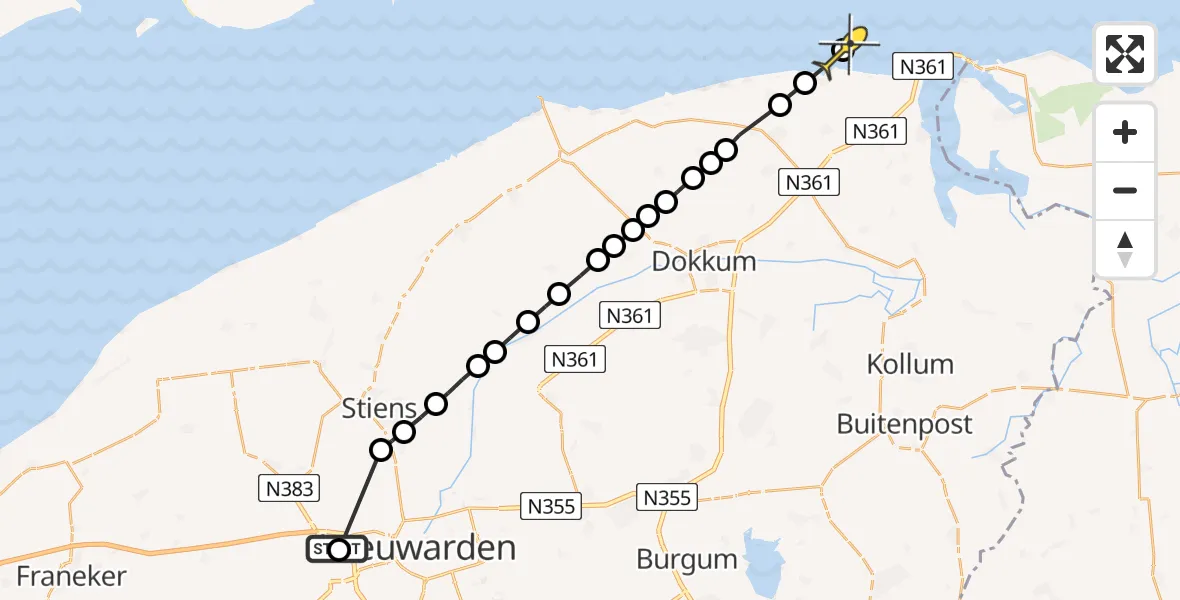 Routekaart van de vlucht: Ambulanceheli naar Paesens, Nijlânsdyk