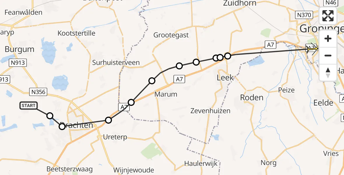 Routekaart van de vlucht: Politieheli naar Groningen, De Hoarnen