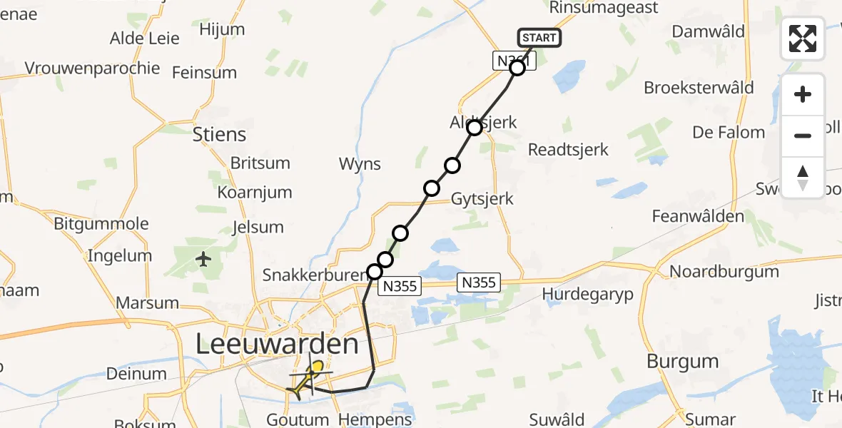 Routekaart van de vlucht: Ambulanceheli naar Leeuwarden, Tuskendammen