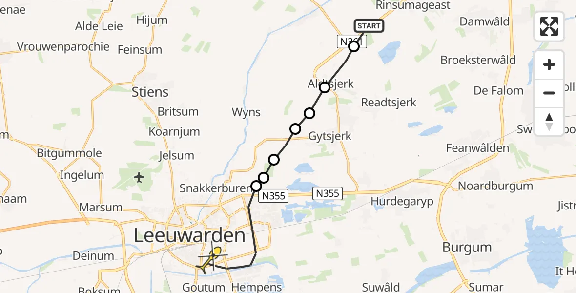 Routekaart van de vlucht: Ambulancehelikopter naar Leeuwarden, Tuskendammen