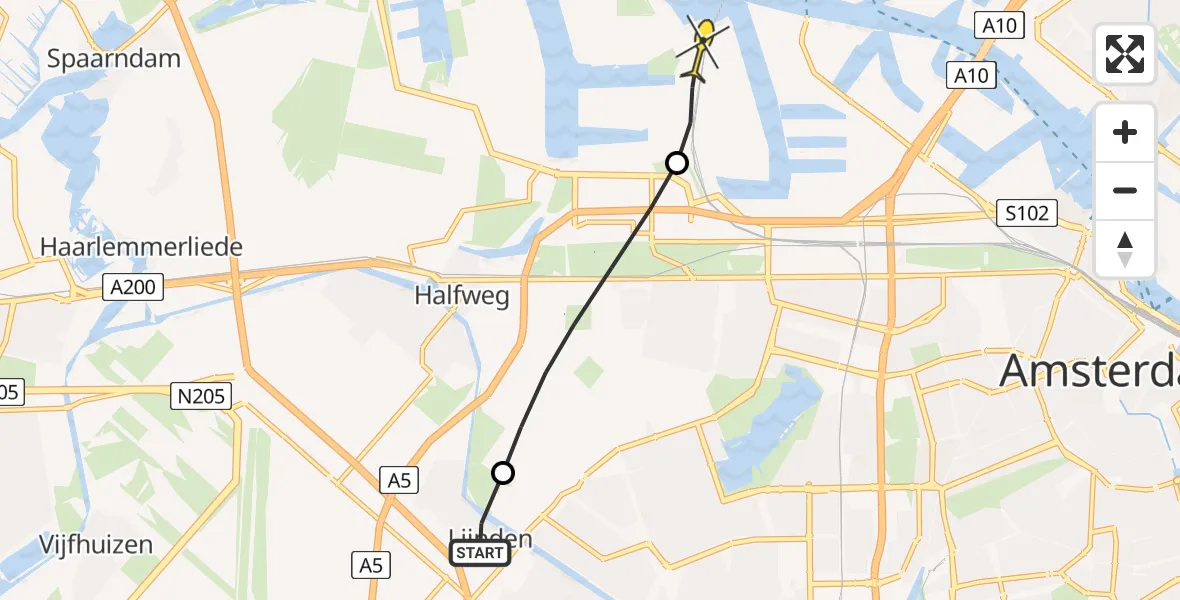 Routekaart van de vlucht: Lifeliner 1 naar Amsterdam Heliport, Etnastraat