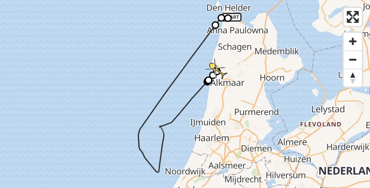 Routekaart van de vlucht: Kustwachthelikopter naar Schoorl, Middenvliet