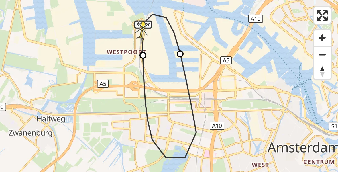 Routekaart van de vlucht: Lifeliner 1 naar Amsterdam Heliport, Westhavenweg