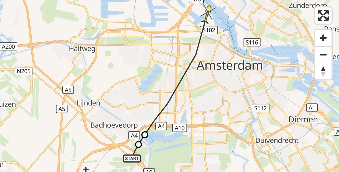Vluchtroute Politiehelikopter van Schiphol naar Amsterdam