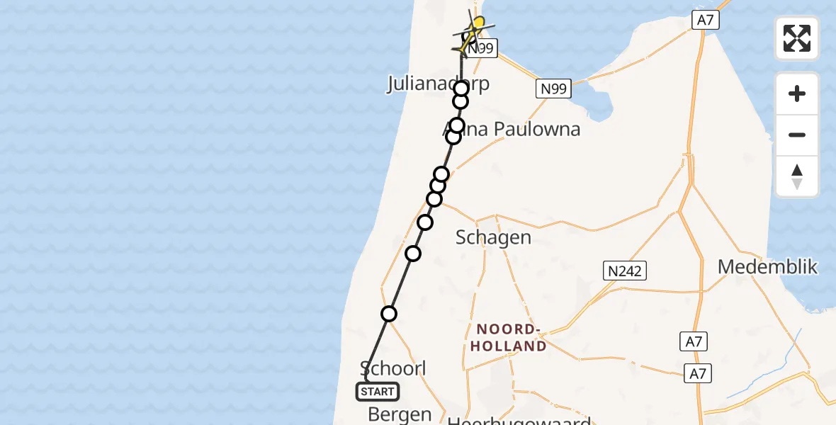 Routekaart van de vlucht: Kustwachthelikopter naar Vliegveld De Kooy, Frederiksweg