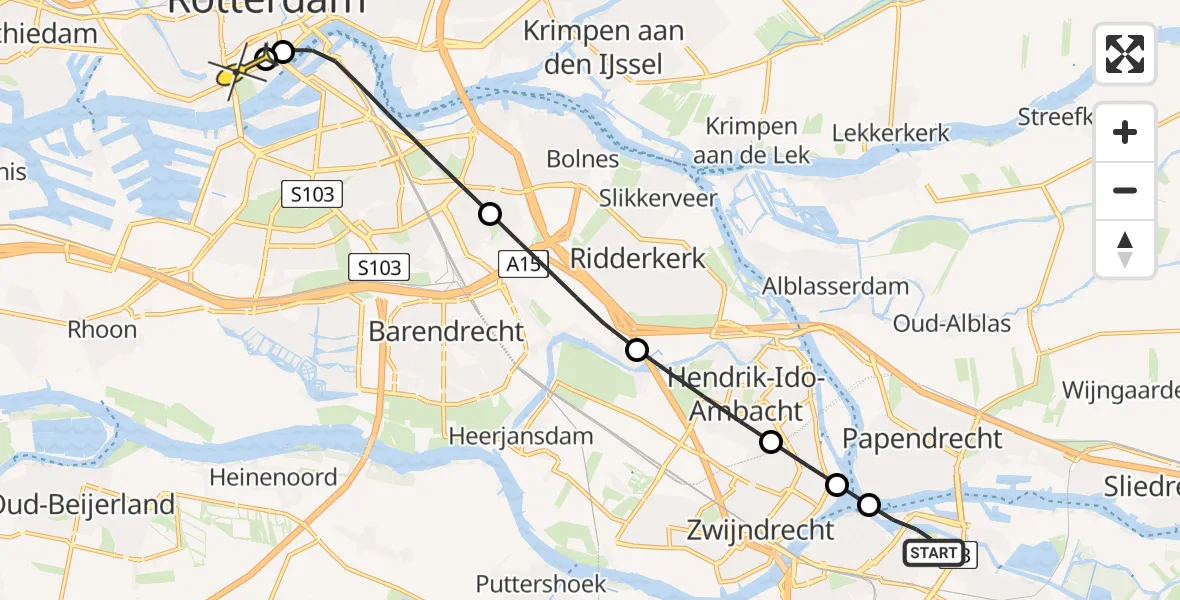 Routekaart van de vlucht: Lifeliner 2 naar Erasmus MC, Werf van De Biesbosch