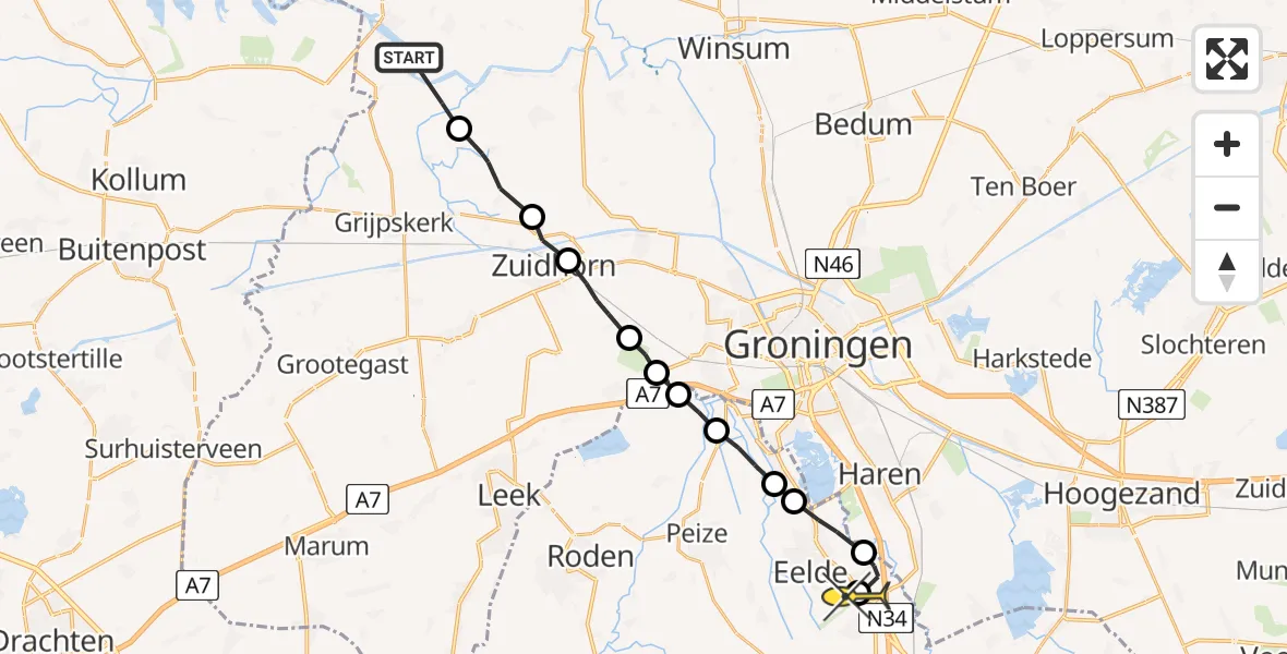 Routekaart van de vlucht: Ambulanceheli naar Groningen Airport Eelde, Teenstraweg