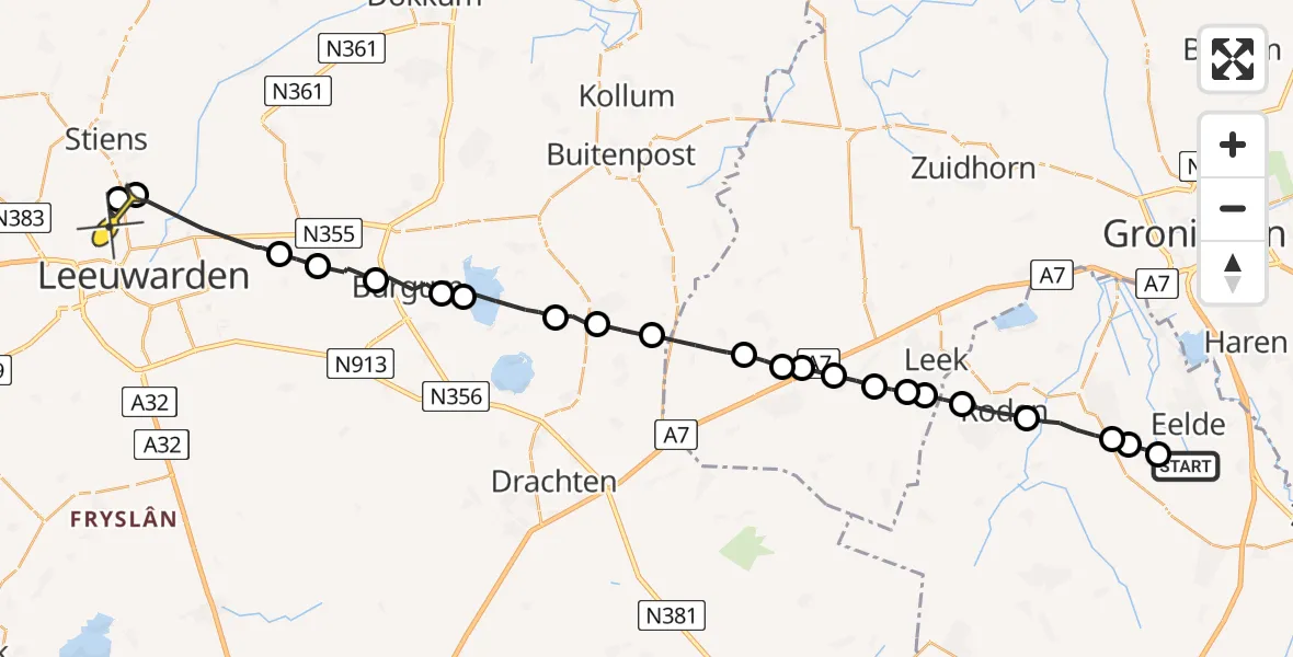 Routekaart van de vlucht: Ambulancehelikopter naar Vliegbasis Leeuwarden, Eelderdiep