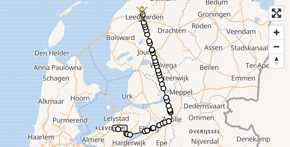 Routekaart van de vlucht: Ambulanceheli naar Vliegbasis Leeuwarden, Eendenweg