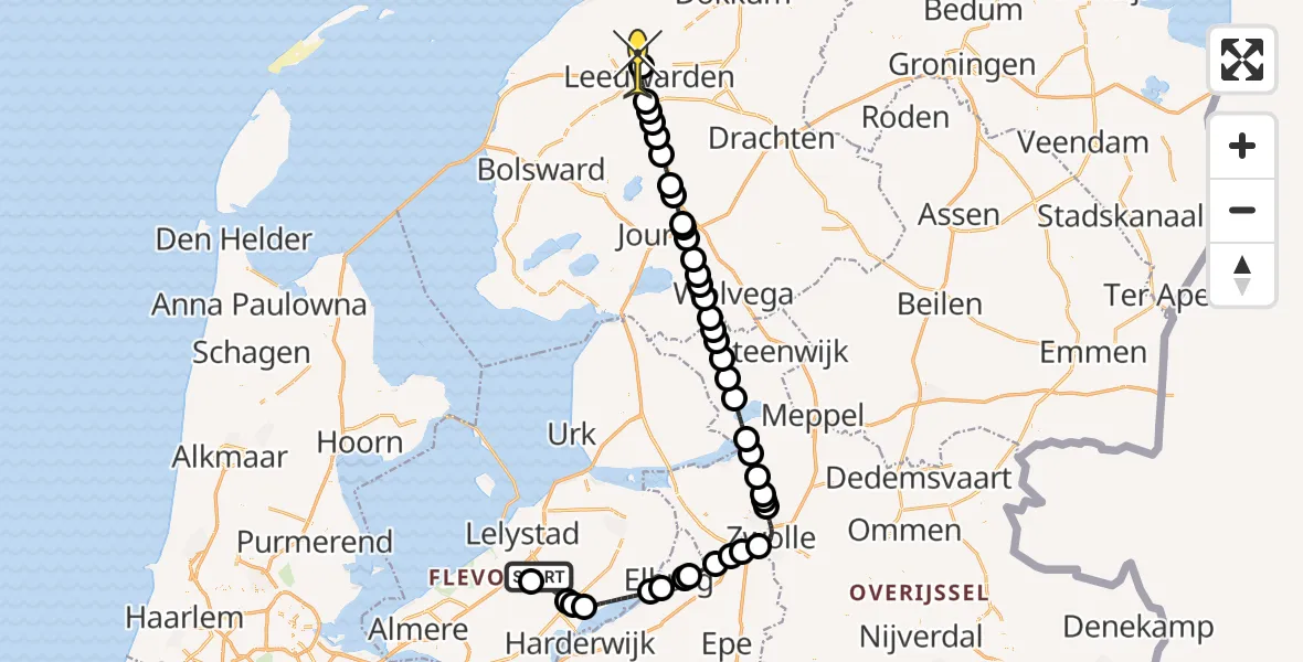 Routekaart van de vlucht: Ambulancehelikopter naar Vliegbasis Leeuwarden, Eendenweg