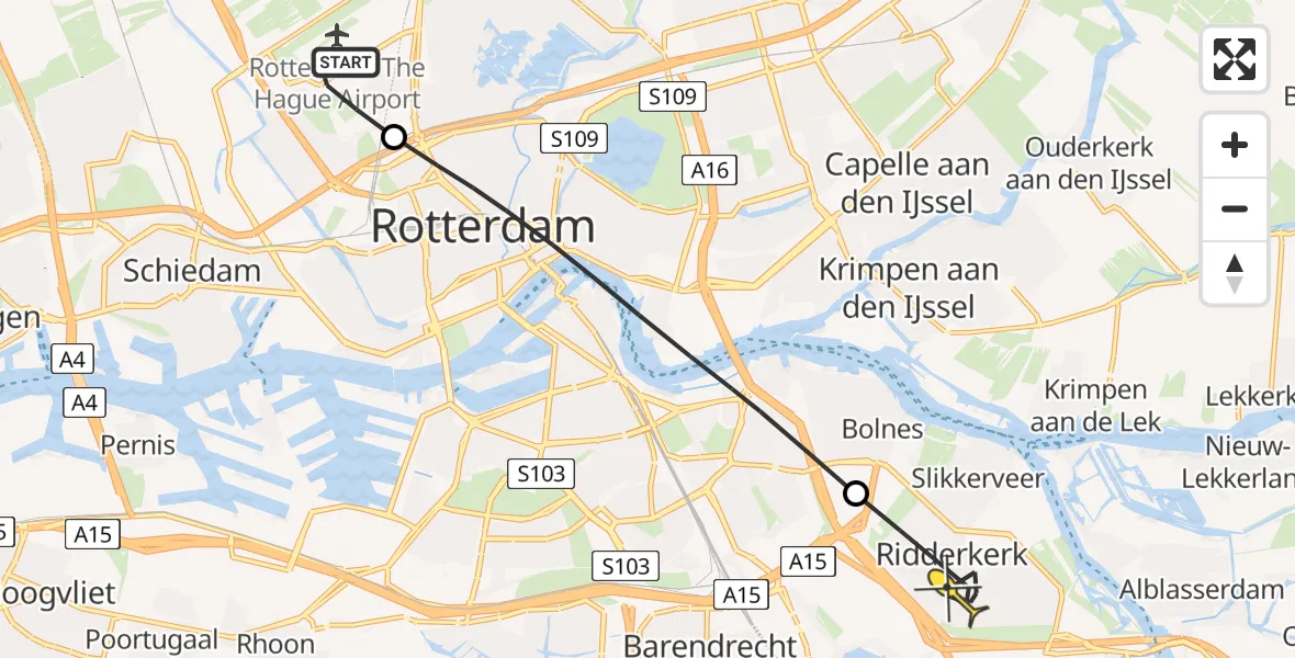 Routekaart van de vlucht: Lifeliner 2 naar Ridderkerk, Rotterdam Airportplein