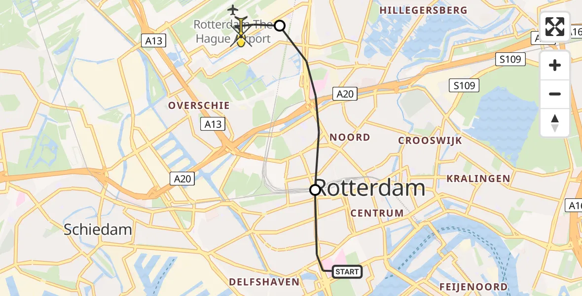 Routekaart van de vlucht: Lifeliner 2 naar Rotterdam The Hague Airport, Statentunnel