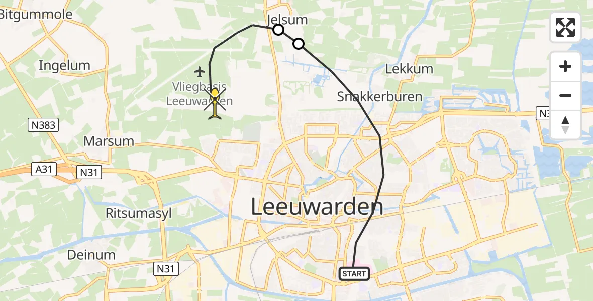 Routekaart van de vlucht: Ambulancehelikopter naar Vliegbasis Leeuwarden, Emmakade