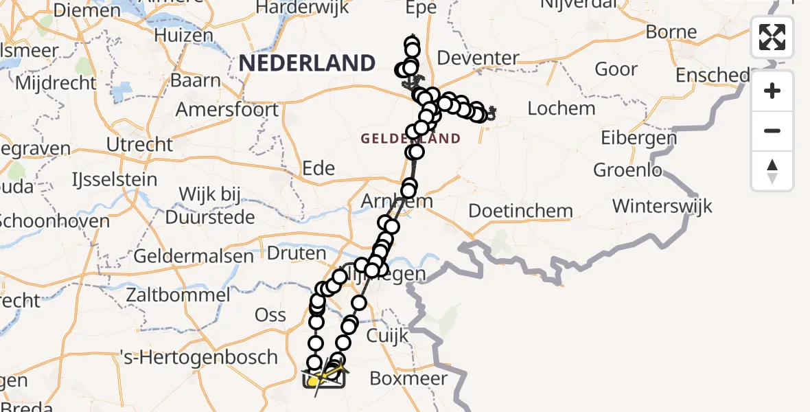 Vluchtroute Politiehelikopter van Vliegbasis Volkel naar Vliegbasis Volkel