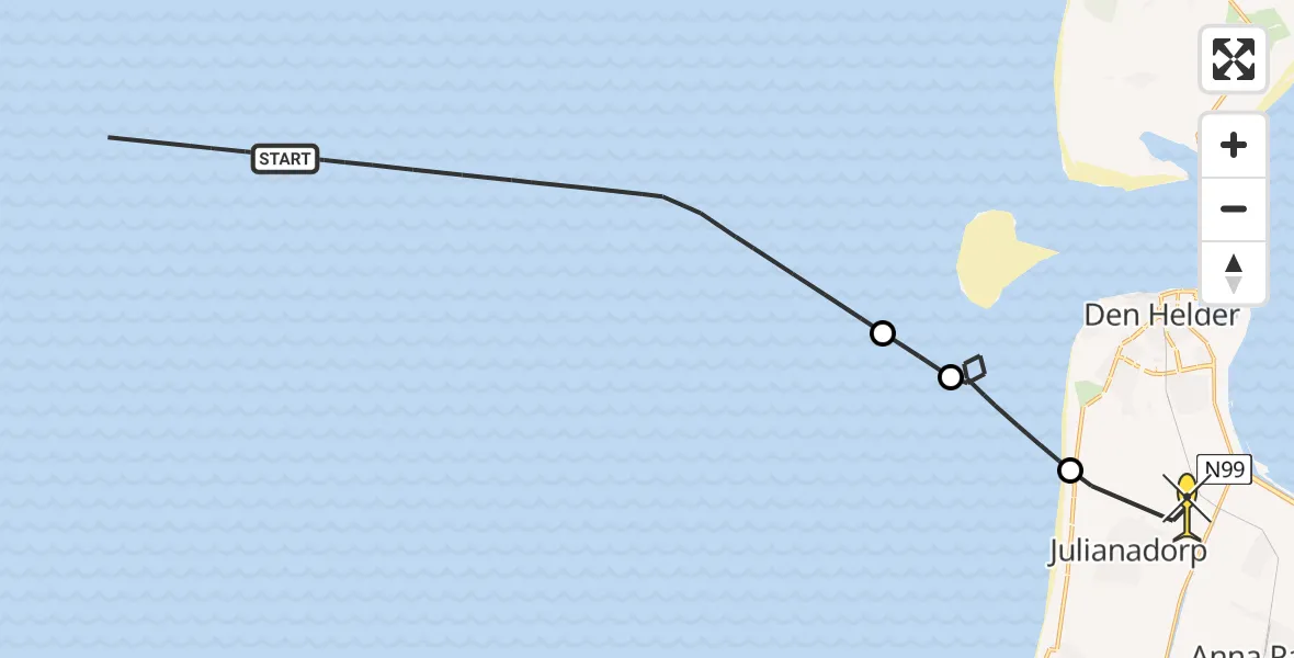 Routekaart van de vlucht: Kustwachthelikopter naar Julianadorp, Rijksweg