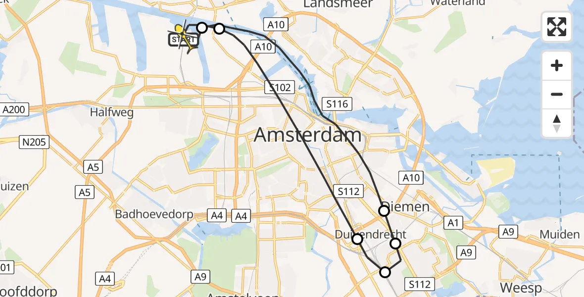 Routekaart van de vlucht: Lifeliner 1 naar Amsterdam Heliport, Stadsstrand Kanaal Noord