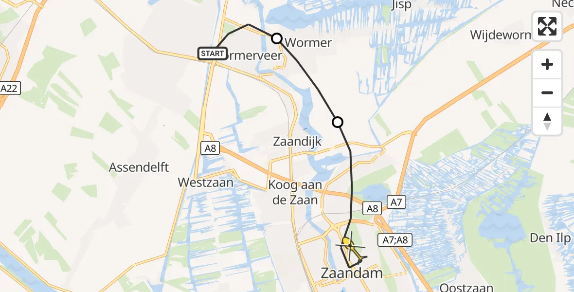 Routekaart van de vlucht: Lifeliner 1 naar Zaandam, Roode Wildemanweg