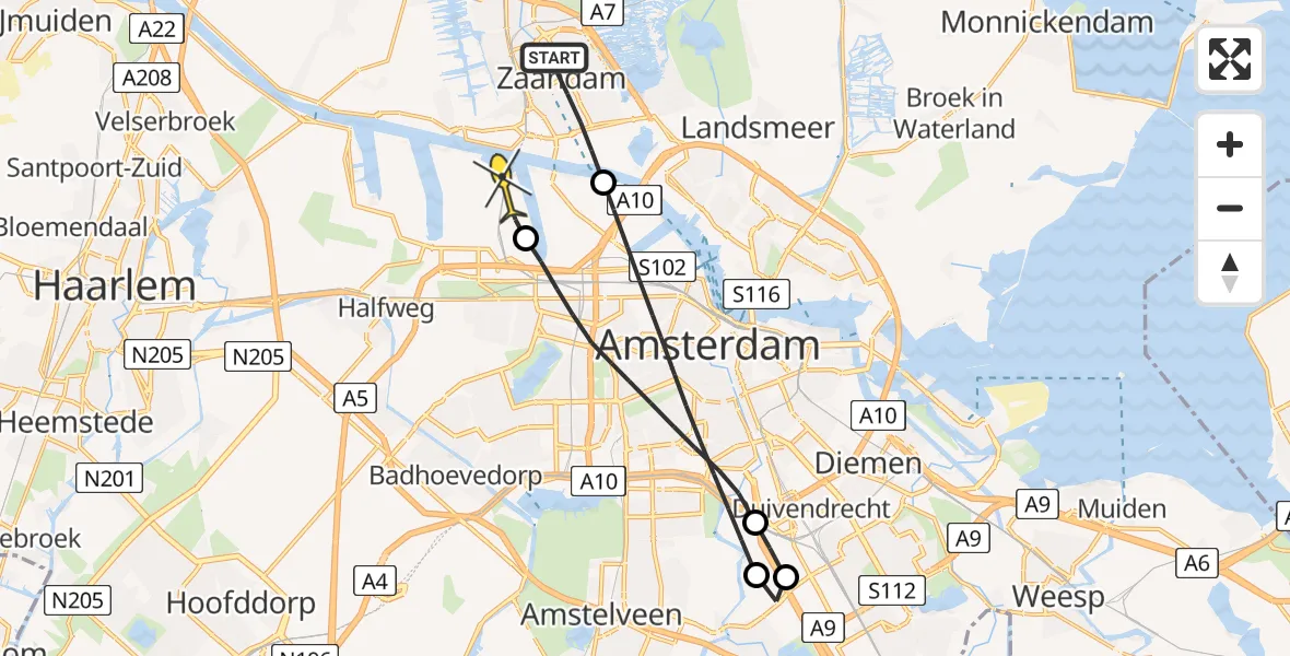 Routekaart van de vlucht: Lifeliner 1 naar Amsterdam Heliport, Pieter Pauwstraat