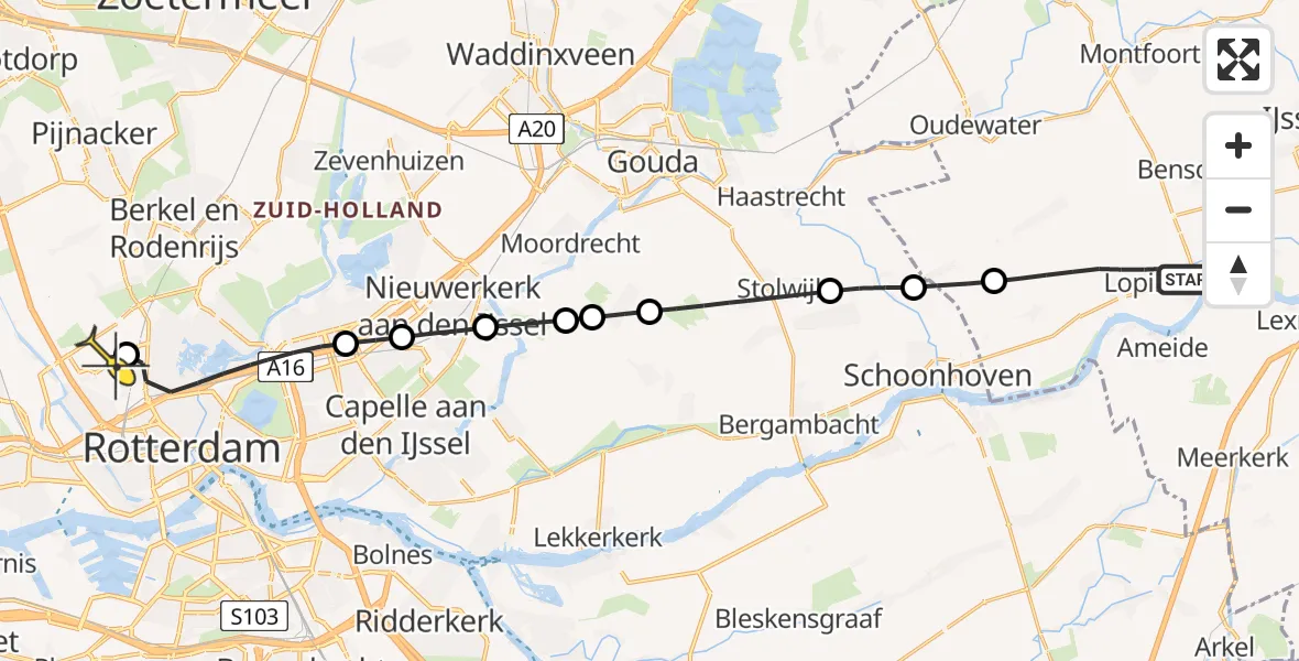 Routekaart van de vlucht: Lifeliner 2 naar Rotterdam The Hague Airport, Lopikerweg oost