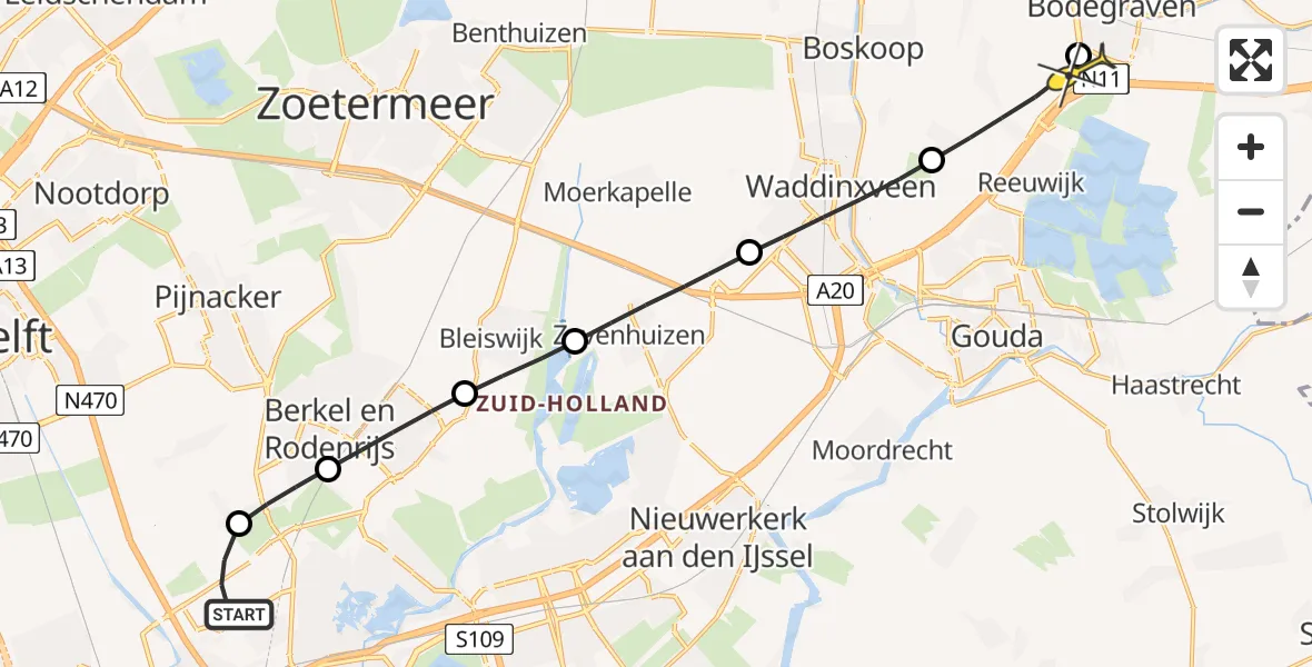 Routekaart van de vlucht: Lifeliner 2 naar Bodegraven, A16 Rotterdam