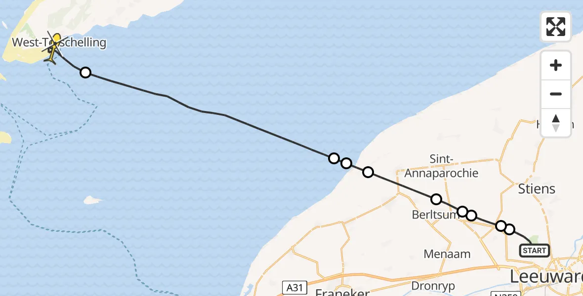 Routekaart van de vlucht: Ambulanceheli naar West-Terschelling, Keegsdijkje