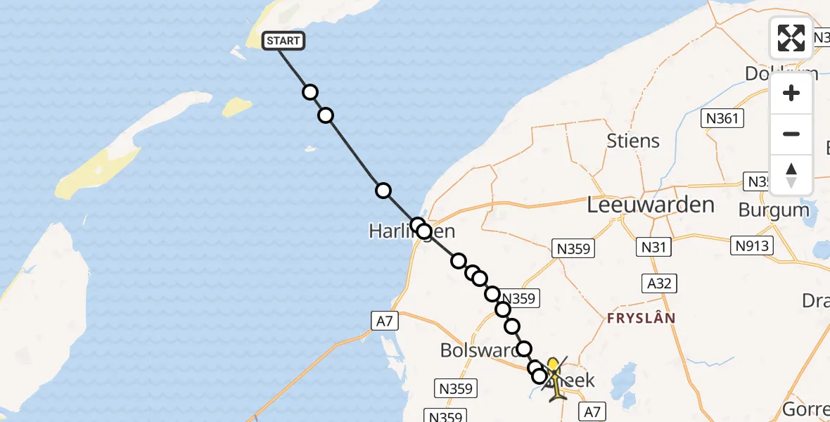 Routekaart van de vlucht: Ambulanceheli naar Sneek, Noordsvaarder