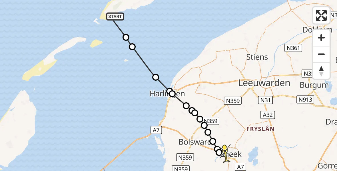 Routekaart van de vlucht: Ambulancehelikopter naar Sneek, Noordsvaarder