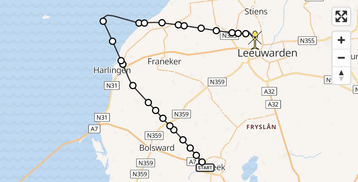 Routekaart van de vlucht: Ambulanceheli naar Vliegbasis Leeuwarden, Tolhek