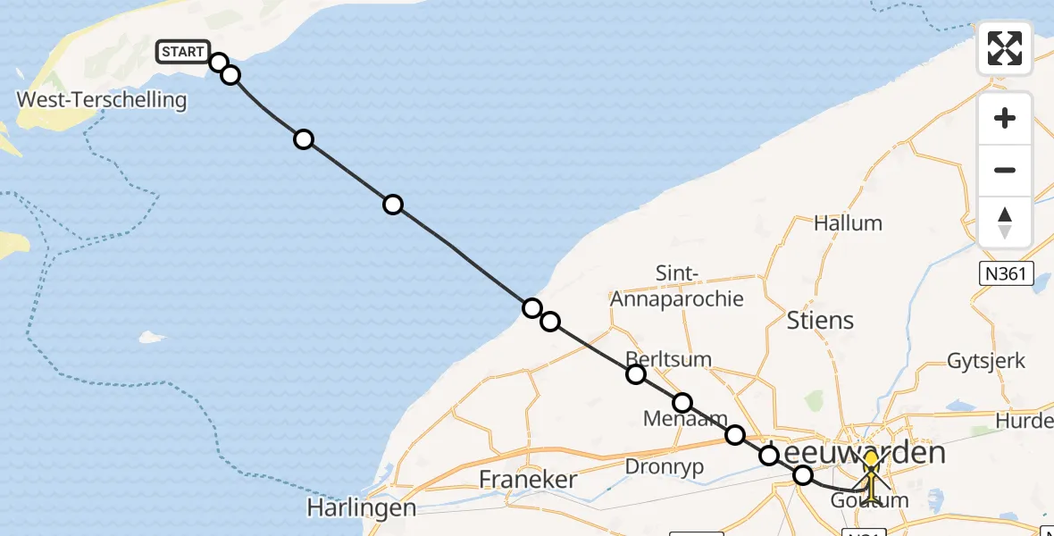 Routekaart van de vlucht: Ambulanceheli naar Leeuwarden, Hornsjildeweg