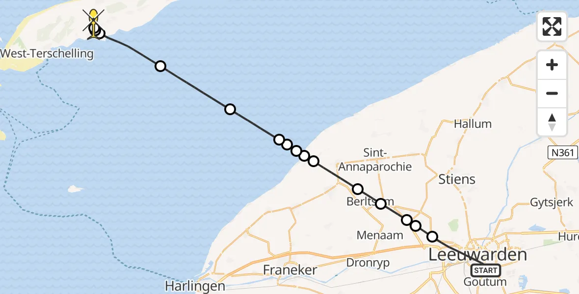 Routekaart van de vlucht: Ambulanceheli naar Midsland, Snekertrekweg