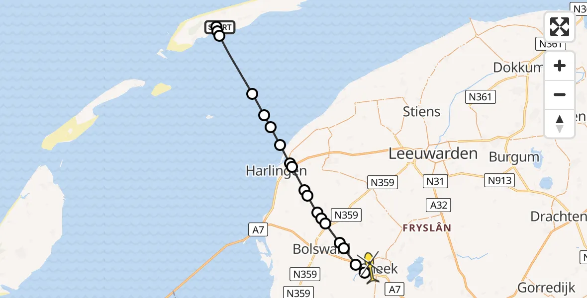 Routekaart van de vlucht: Ambulancehelikopter naar Sneek, Tuinweg