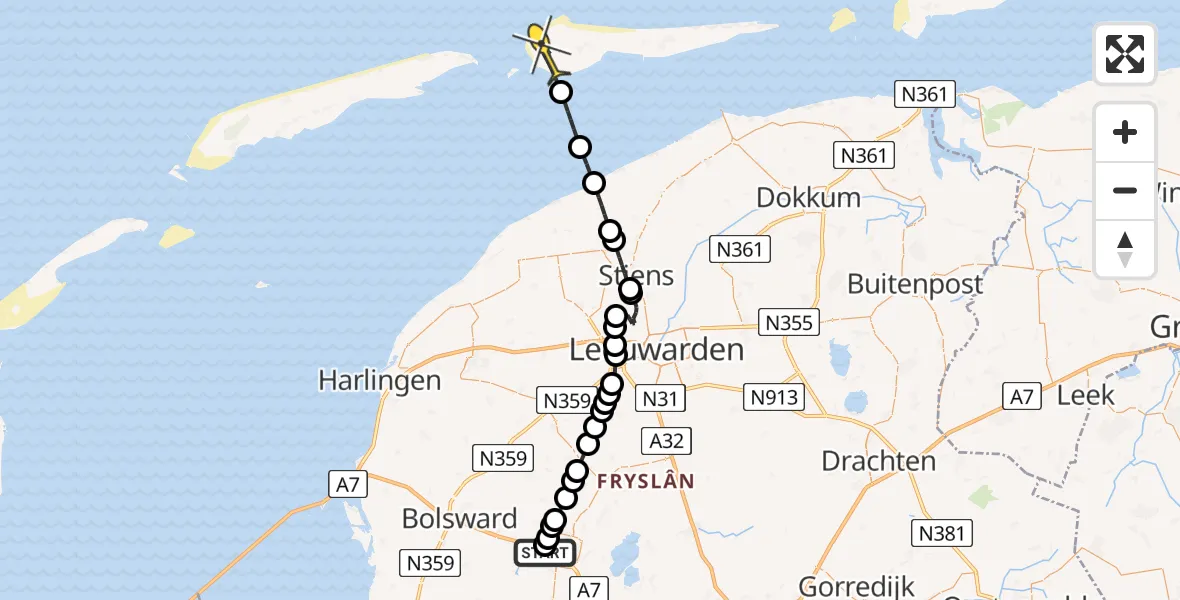 Routekaart van de vlucht: Ambulanceheli naar Hollum, Stadsrondweg-Noord