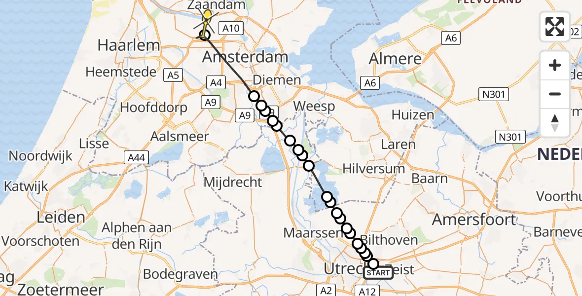 Routekaart van de vlucht: Lifeliner 1 naar Amsterdam Heliport, Lindeneiland