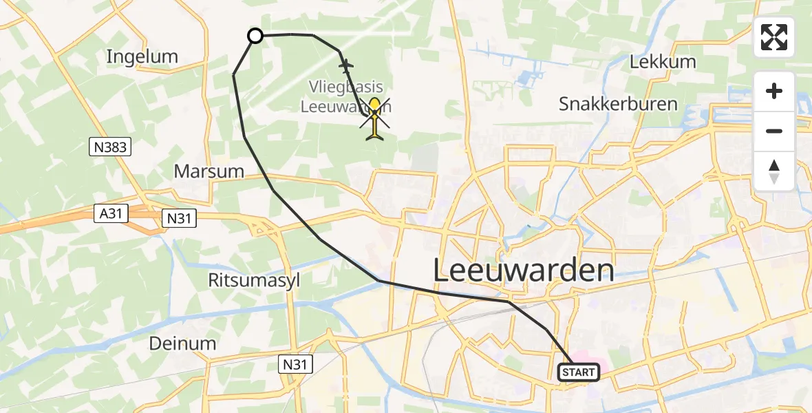 Routekaart van de vlucht: Ambulancehelikopter naar Vliegbasis Leeuwarden, Zuidersingel